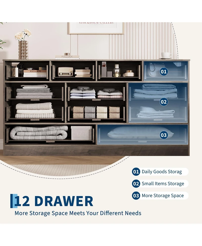 gaomon 12 Drawer Wide Wood Dresser for Bedroom, 65" Tv Stand Storage Cabinet Clothes Organizer for Living Room