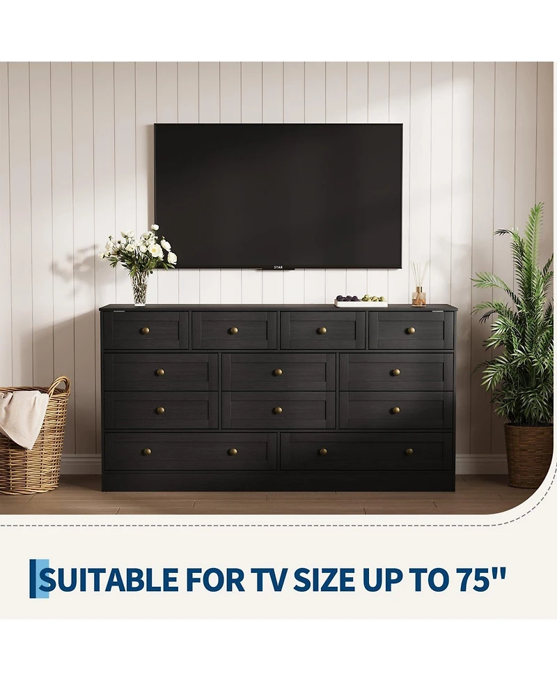 gaomon 12 Drawer Wide Wood Dresser for Bedroom, 65" Tv Stand Storage Cabinet Clothes Organizer Living Room