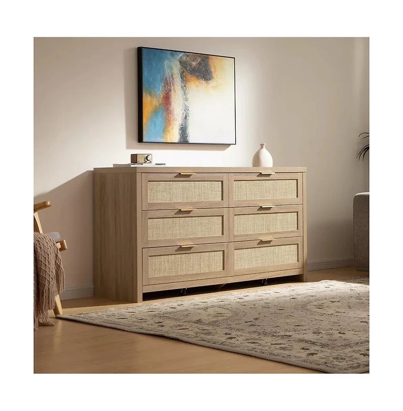 gaomon Rattan 6 Drawer Dresser, 57" Wide Boho Wooden Storage Chest, Tv Stand for Bedroom or Living Room
