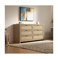 gaomon Rattan 6 Drawer Dresser, 57" Wide Boho Wooden Storage Chest, Tv Stand for Bedroom or Living Room