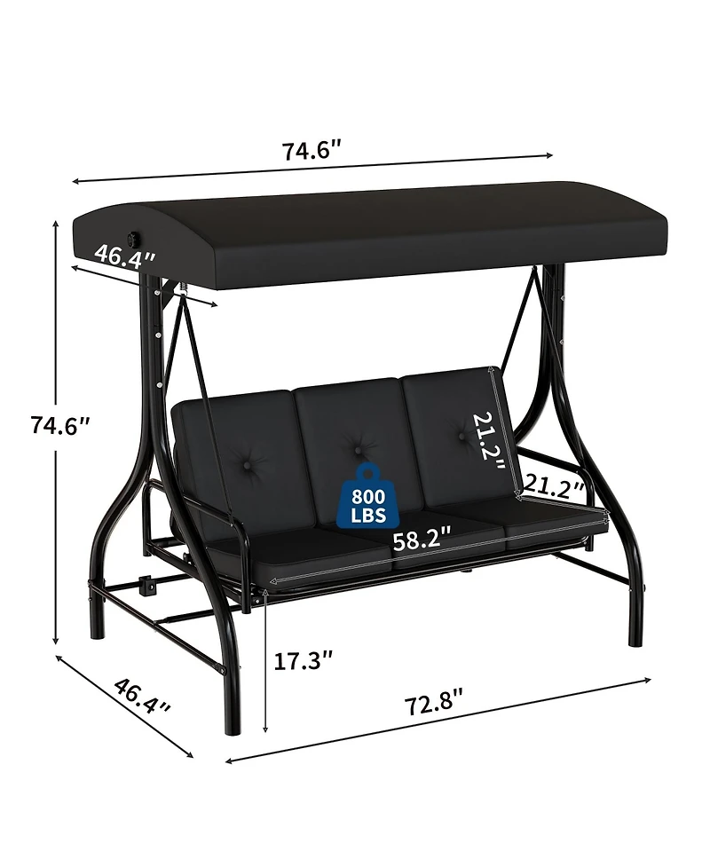 GarveeLife 3-Seat Outdoor Patio Swing Chair with Adjustable Canopy and Reclining Backrest Heavy Duty Metal Frame Thick Resistant