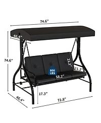 GarveeLife 3-Seat Outdoor Patio Swing Chair with Adjustable Canopy and Reclining Backrest Heavy Duty Metal Frame Thick Resistant