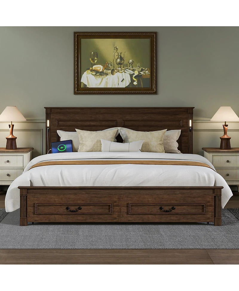 Streamdale Furniture Led Storage Bed with Usb, Pinewood Frame