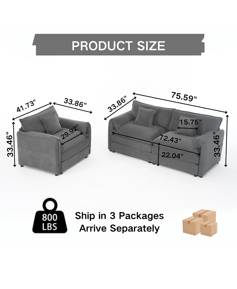 Streamdale Furniture Deep Seat Luxury 2 Piece Loveseat Couch and Sofa Armchair Set.