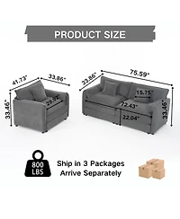 Streamdale Furniture Deep Seat Luxury 2 Piece Loveseat Couch and Sofa Armchair Set.