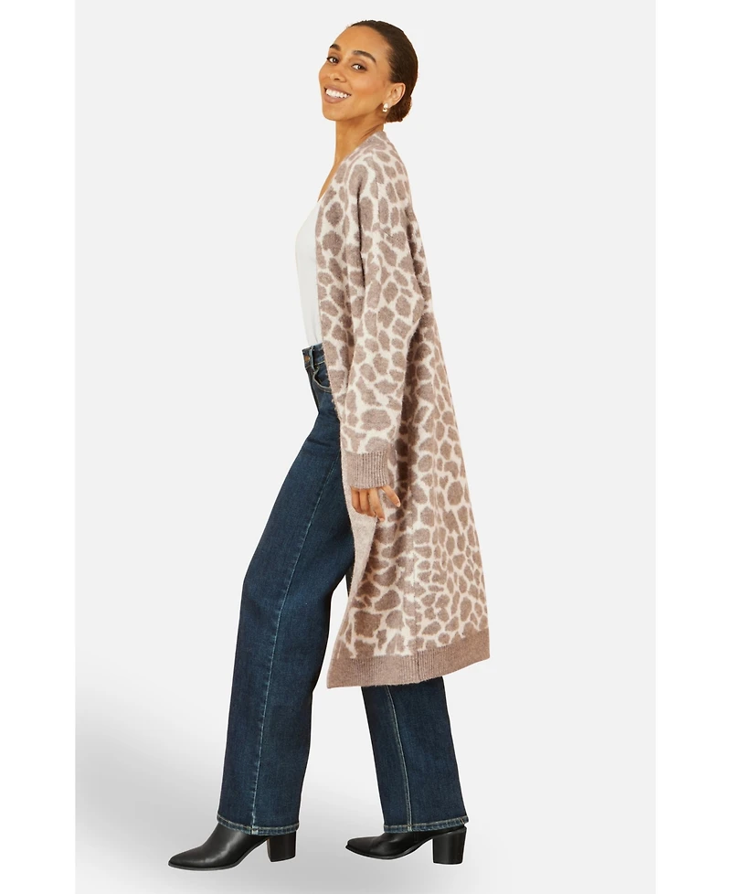 Yumi Women's Animal Print Intarsia Long Cardigan