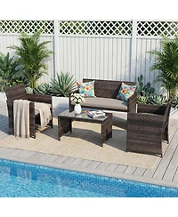 GarveeLife 4-Piece Outdoor Patio Furniture Set, Pe Rattan Conversation Set with Loveseat, 2 Chairs and Tempered Glass Coffee Table