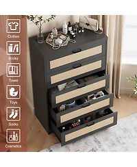 gaomon 5 Drawer Rattan Dresser with Power Outlets, Tall Wood Storage Chest for Bedroom
