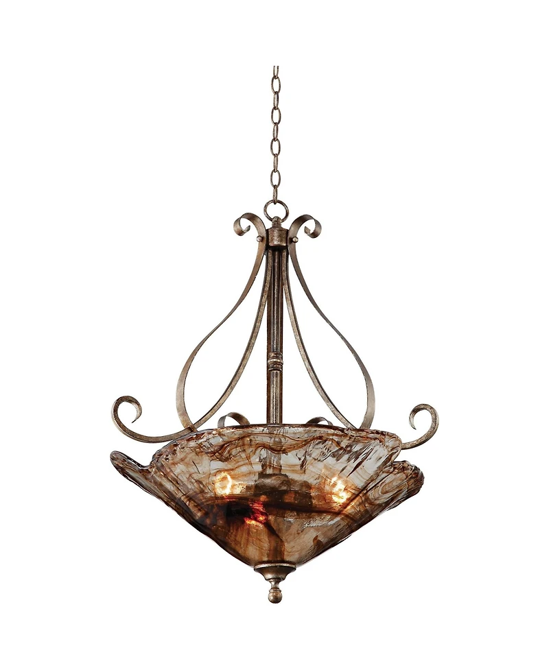 Franklin Iron Works Amber Scroll Golden Bronze Silver Pendant Chandelier 24 3/4" Wide Rustic Art Glass Bowl Fixture for Dining Room House Foyer Kitche