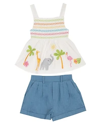 Rare Editions Girls' Toddler 2T-4T Clipped Dot Animal Embroidered Top and shorts, 2-Piece Set