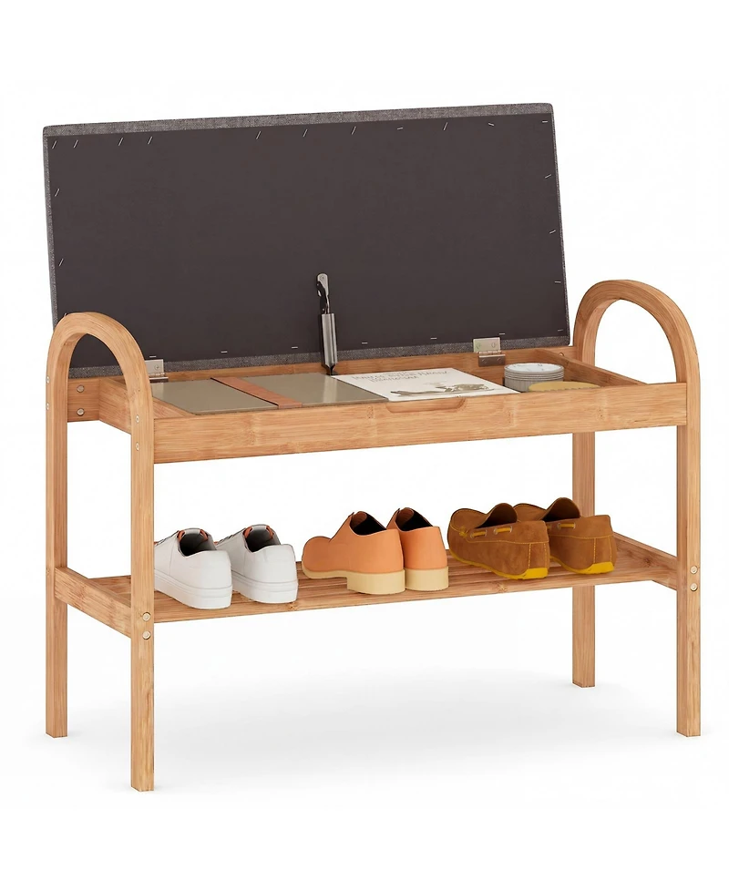 Slickblue Wicker Shoe Bench with Cushion and 2 Tier Storage Rack