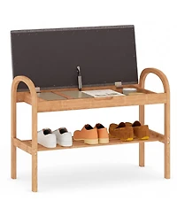 Slickblue Wicker Shoe Bench with Cushion and 2 Tier Storage Rack