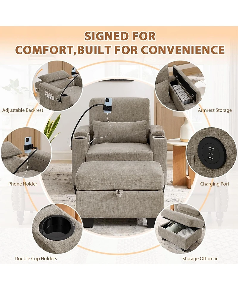 Rainsken Single Convertible Sleeper Chair and Ottoman Set, Accent Lounge Bed with Usb Charging Port and Phone Holder for Living Room