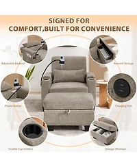 Rainsken Single Convertible Sleeper Chair and Ottoman Set, Accent Lounge Bed with Usb Charging Port and Phone Holder for Living Room