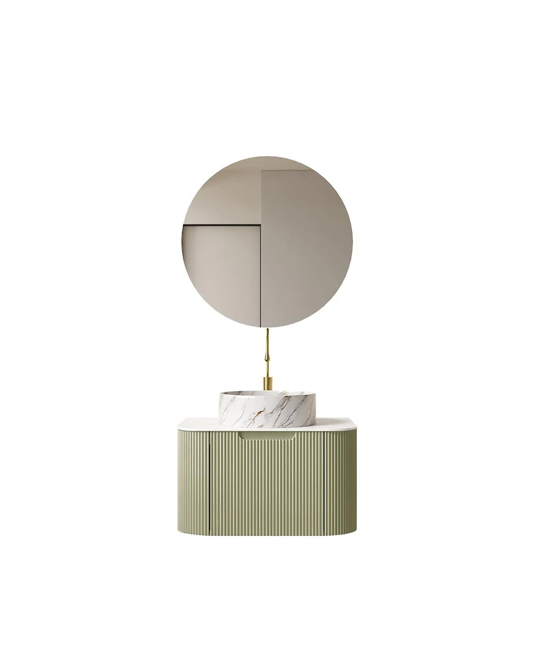 Sillysis Wall Mounted Bathroom Vanity, Artificial Marble Top with Round Ceramic Basin, 3D Striped Plywood Cabinet