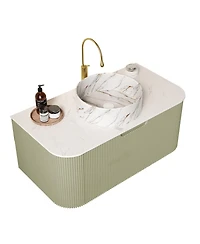 Sillysis Wall Mounted Bathroom Vanity, Artificial Marble Top with Round Ceramic Basin, 3D Striped Plywood Cabinet