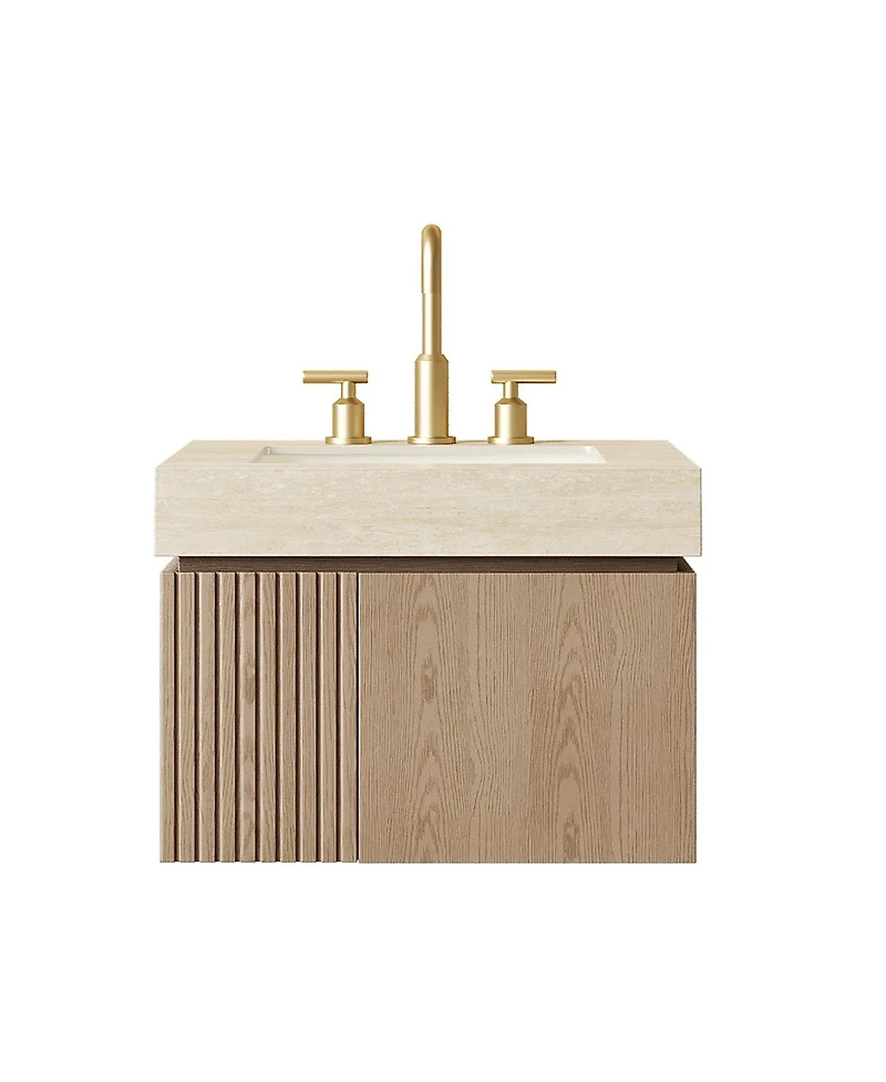 Sillysis Wall Mounted Bathroom Vanity, Travertine Pattern Sintered Stone Top, 3-Hole Ceramic Sink, Soft Close Cabinet