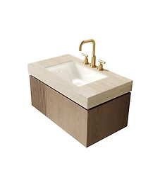 Sillysis Wall Mounted Bathroom Vanity, Travertine Pattern Sintered Stone Top, 3-Hole Ceramic Sink, Soft Close Cabinet