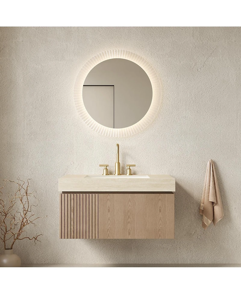 Sillysis Wall Mounted Bathroom Vanity, Travertine Pattern Sintered Stone Top, 3-Hole Ceramic Sink, Soft Close Cabinet