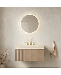 Sillysis Wall Mounted Bathroom Vanity, Travertine Pattern Sintered Stone Top, 3-Hole Ceramic Sink, Soft Close Cabinet