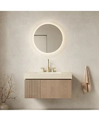 Sillysis Wall Mounted Bathroom Vanity Travertine Pattern Sintered Stone Top 3 Hole Ceramic Sink Soft Close Cabinet Pre Assembled