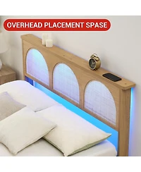 homfan Platform Bed with Rattan Headboard and Adjustable Rgb Led, Wood Slat Support, Noise-Reducing Design