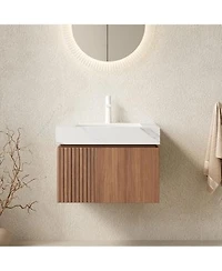 Sillysis Wall Mounted Bathroom Vanity Carrara Sintered Stone Top Undermount Ceramic Sink Soft Close Door Pre Assembled