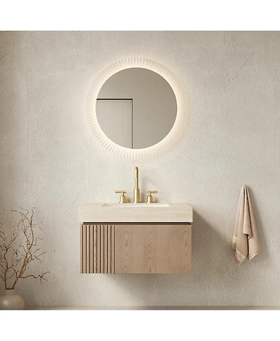 Sillysis Wall Mounted Bathroom Vanity, Travertine Pattern Sintered Stone Top, 3-Hole Ceramic Sink, Soft Close Cabinet