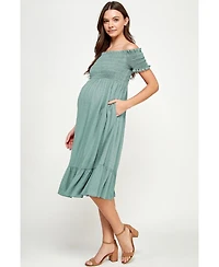 Hello Miz Maternity Off-the-Shoulder Smocked Swiss Dot Midi Dress with Pockets