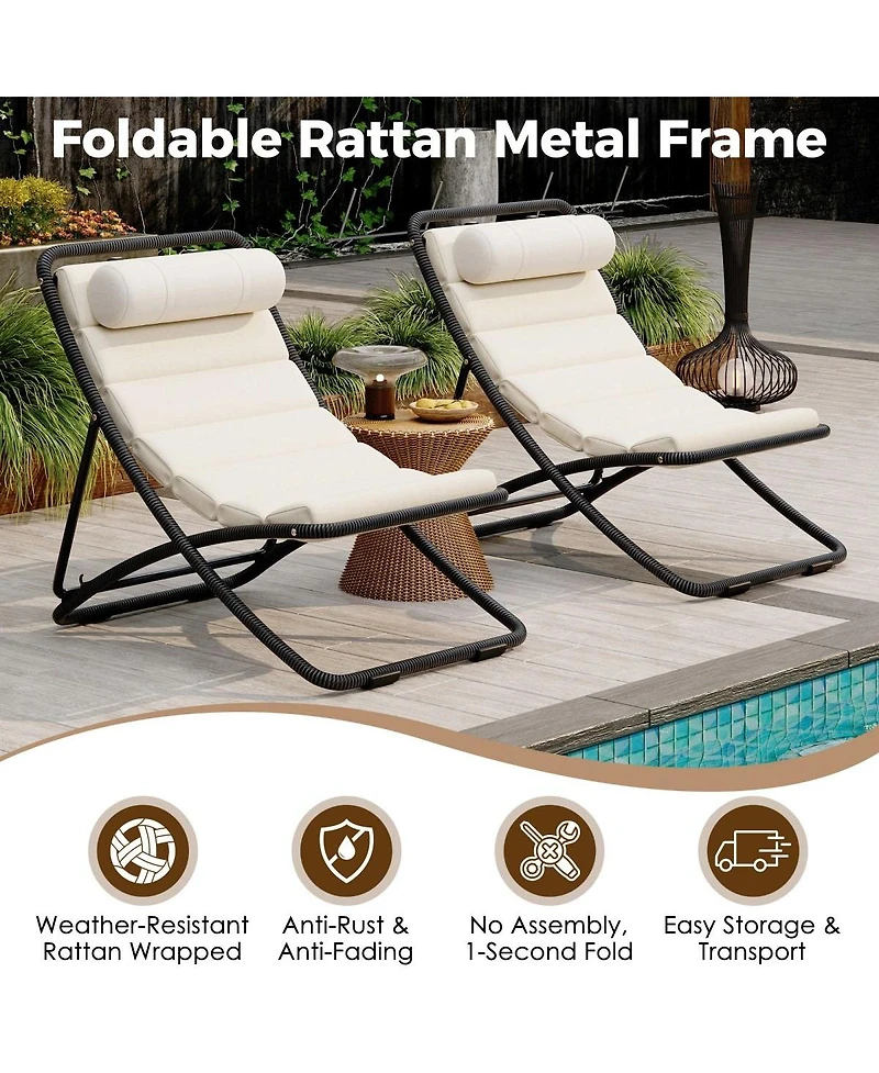 Asagikoiai 2-Piece Folding Rattan Lounge Chair Set, Adjustable Reclining Outdoor with Cushion-Asagikoiai