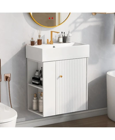 Sillysis 21.6'' Floating Bathroom Vanity with Ceramic Sink, Left Side Storage, Soft Close, Modern Wall Mounted Cabinet for Small Spaces