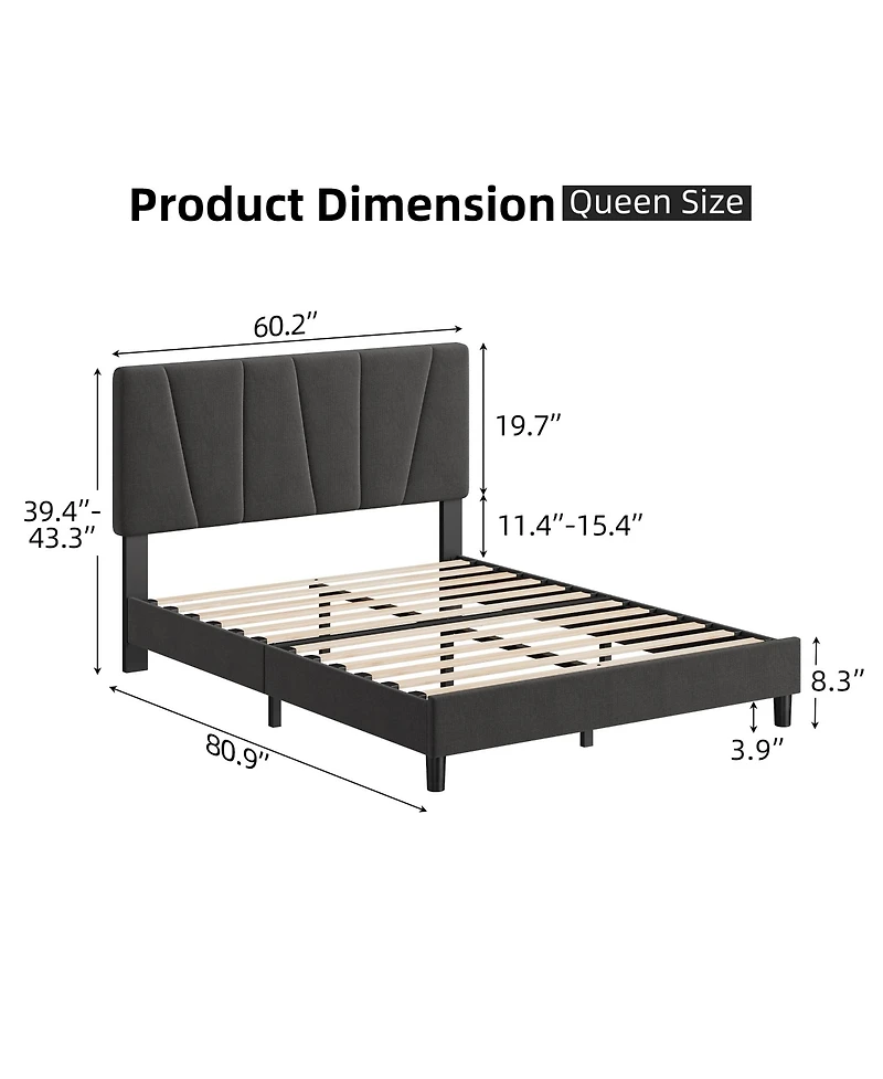 homfan Upholstered Platform Bed Frame with 3-Height Adjustable Headboard, Slat Support, No Box Spring Needed
