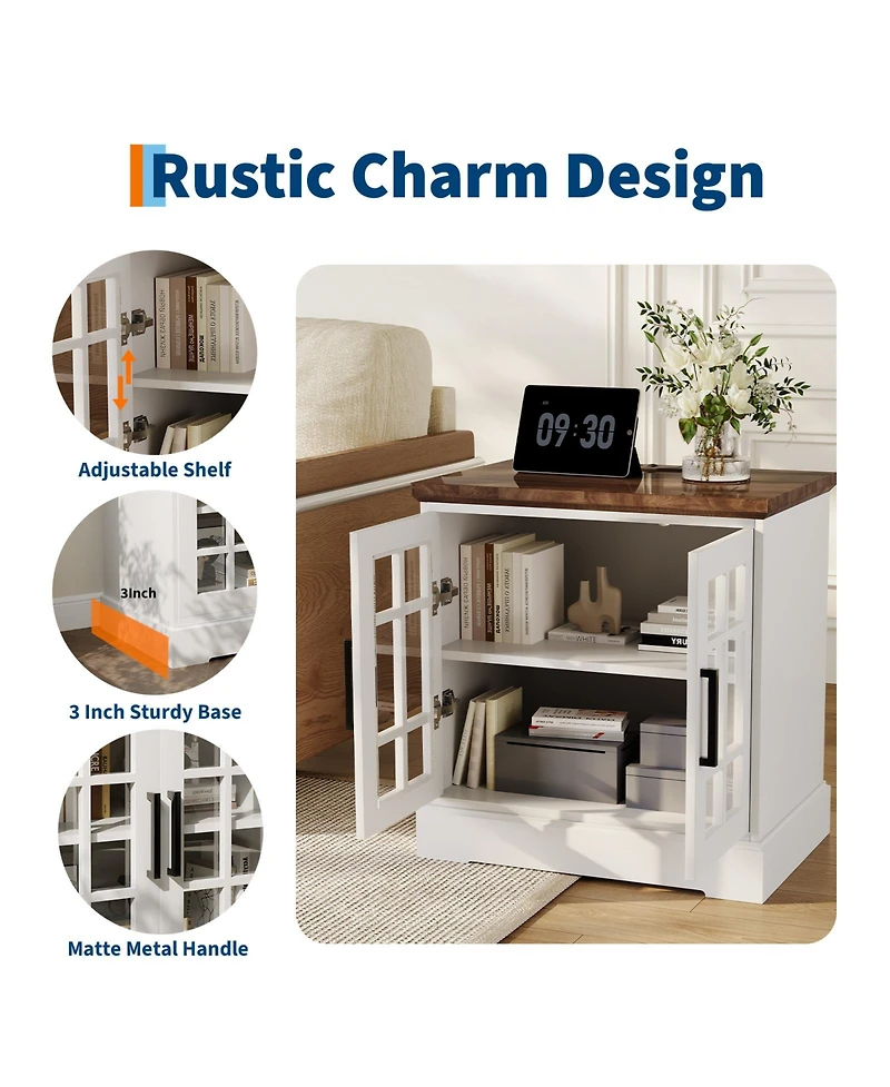 homfan Farmhouse Bedside End Table with Charging Station, Glass Barn Door Design, Adjustable Shelves and Large Storage, Stable for Bedroom