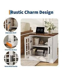 homfan Farmhouse Bedside End Table with Charging Station, Glass Barn Door Design, Adjustable Shelves and Large Storage, Stable for Bedroom