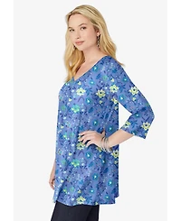 Woman Within Women's Perfect Printed Three-Quarter-Sleeve V-Neck Tunic