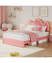 homfan Upholstered Led Platform Bed Frame with Flower Headboard and Storage Drawers, Wood Slat Support