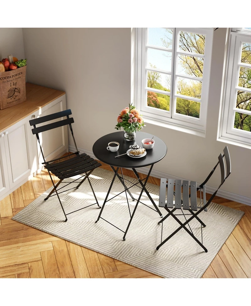 homfan 3-Piece Folding Bistro Set with 1 Table and 2 Chairs, Metal Patio for Balcony, Porch, Lawn, Indoor Outdoor Use