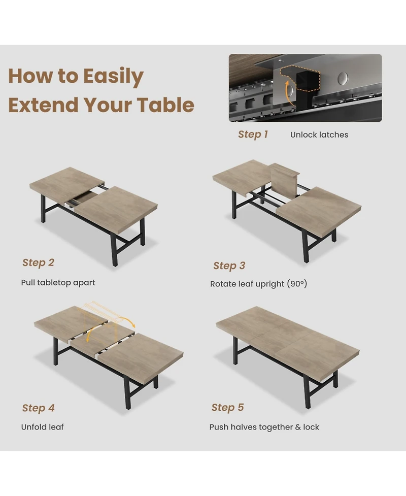 homfan Extendable Dining Table for 6-8, Industrial Rectangular Kitchen with Metal Frame, Expandable Wood-Top