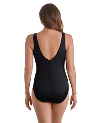 Longitude Women's Midnight Plumeria Shirred Faux Tie Surplice Extra Long Torso One-Piece Swimsuit