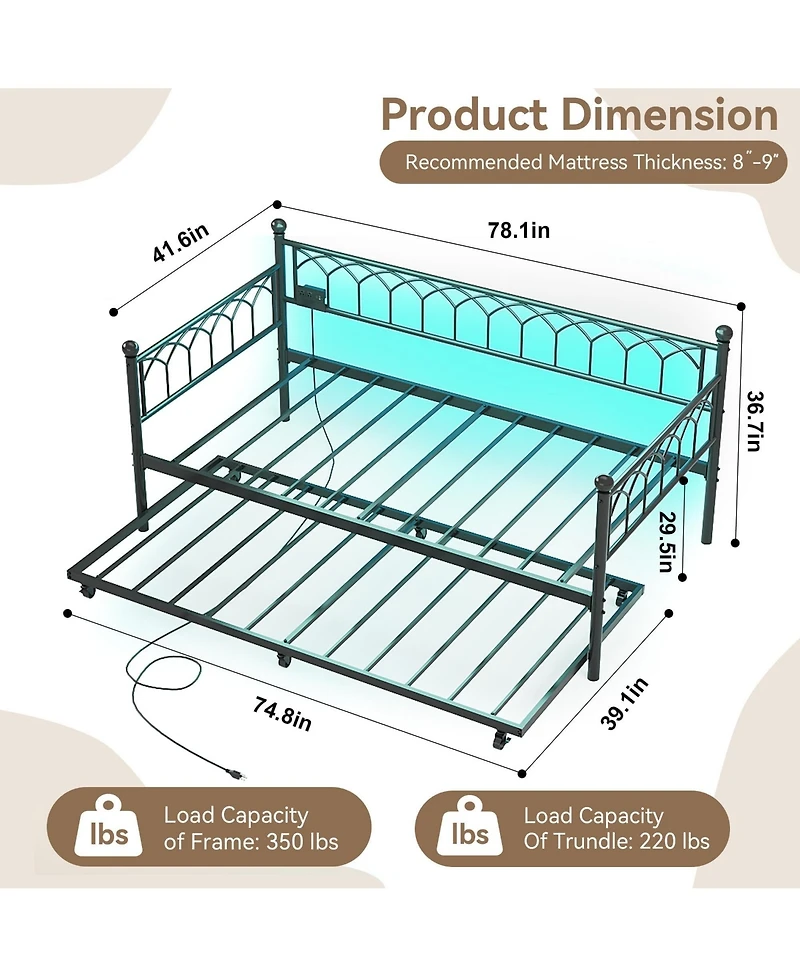 homfan Twin Metal Daybed with Led Lights and Charging Station