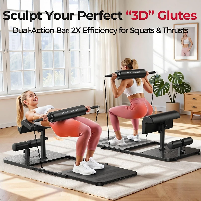 Fed Fitness 6-in-1 adjustable hip thrust machine with padded bar, resistance bands, and durable steel frame-ideal for glute, squat, and home workouts.