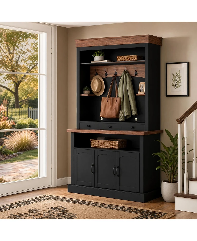 homfan 72 Inch Tall Farmhouse Coffee Bar Cabinet with Led Lights, Adjustable Shelves, Doors and Drawer, Multi-Room Storage Sideboard