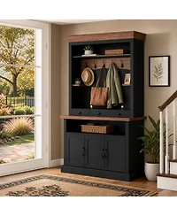 homfan 72 Inch Tall Farmhouse Coffee Bar Cabinet with Led Lights, Adjustable Shelves, Doors and Drawer, Multi-Room Storage Sideboard