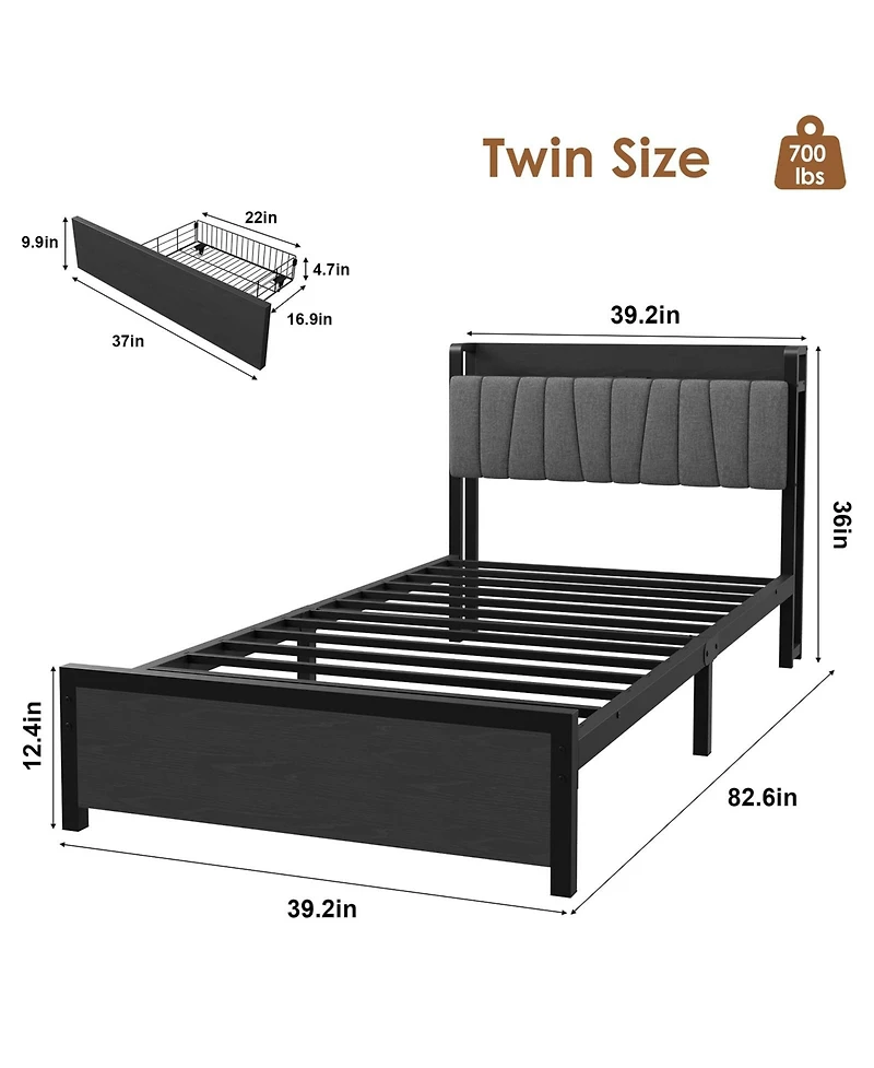 homfan Bed Frame with Storage Headboard, Platform Bed with Large Drawer and Charging Station