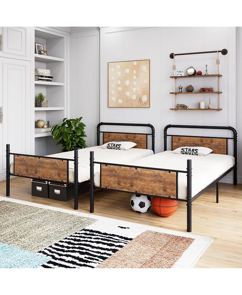 homfan Twin Over Metal Bunk Bed, Converts to 2 Single Beds, Detachable Ladder and Guardrails, Industrial Style with Board Accents