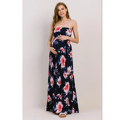 Hello Miz Maternity Strapless Empire Waist Floral Maxi Dress with Side Pockets