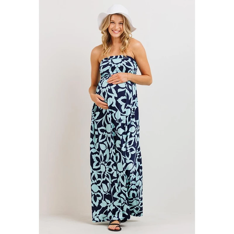 Hello Miz Maternity Floral Strapless Empire Waist Maxi Dress with Side Pockets