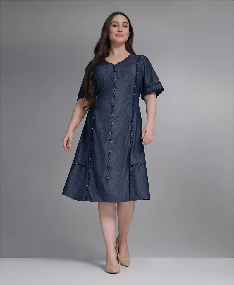 Karl Lagerfeld Paris Plus Rayon-Blend Chambray V-Neck Dress