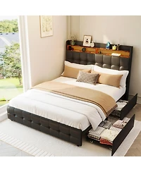 homfan Upholstered Bed Frame with Led Storage Headboard, Charging Station and 2 Drawers