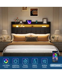 homfan Upholstered Bed Frame with Led Storage Headboard, Charging Station and 2 Drawers